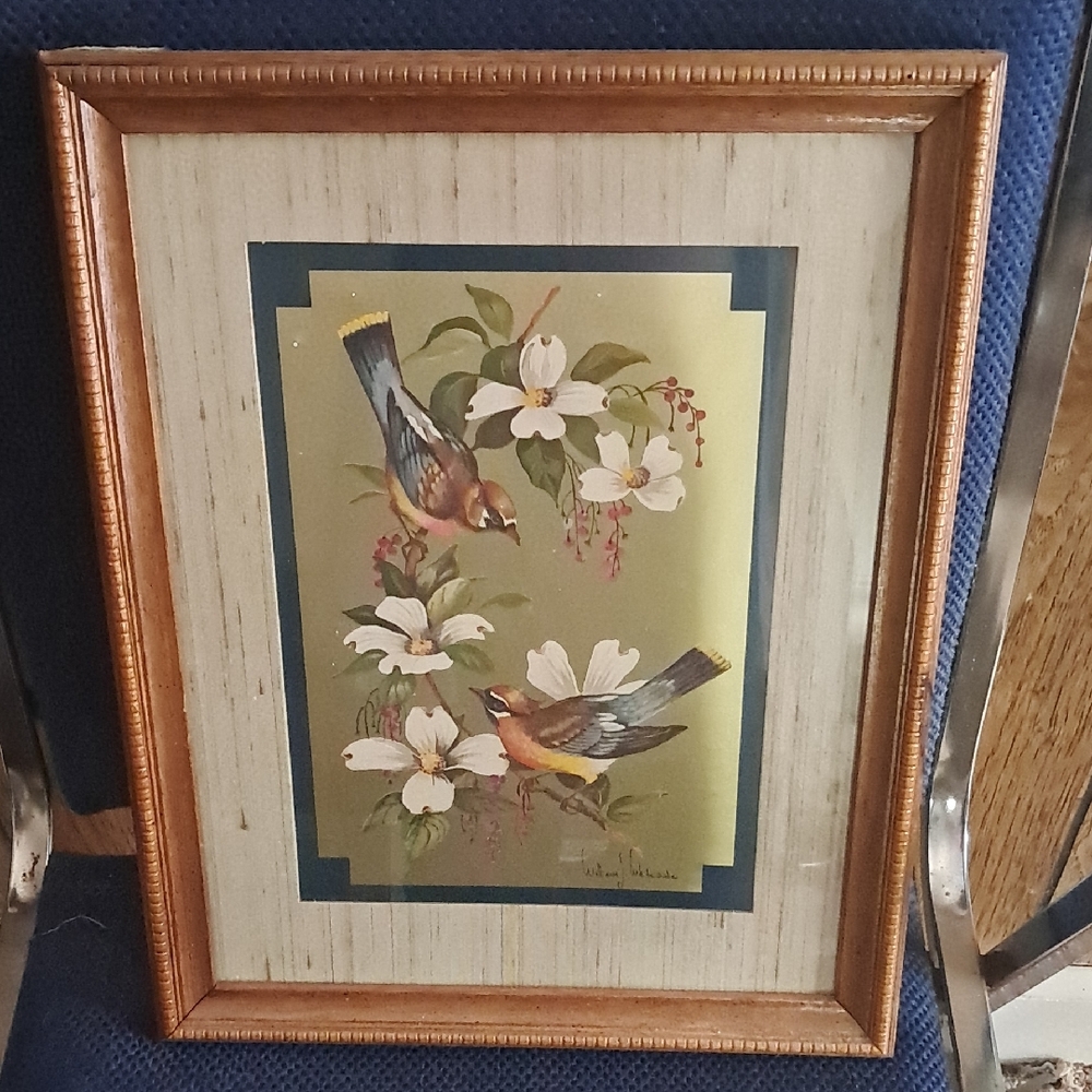 Vintage gold foil art print of birds on a dogwood branch By William J Whiteside
